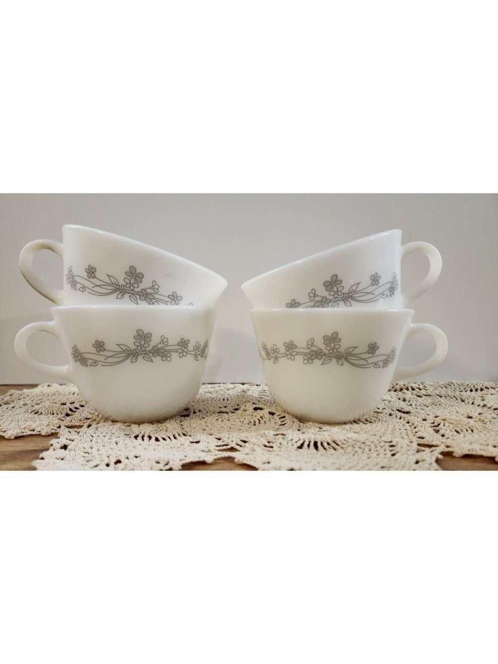 Corning Ribbon Bouquet Vintage Glass Cups Coffee Tea Gray Flowers Corningware